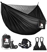 Black outdoor hammock shown from multiple angles, featuring carabiners and straps for attachment. Product appears lightweight and portable.