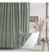 AmazerBath Farmhouse Shower Curtain, Sage Green Linen Shower Curtain with 3 Side Green Tassel, Fa...