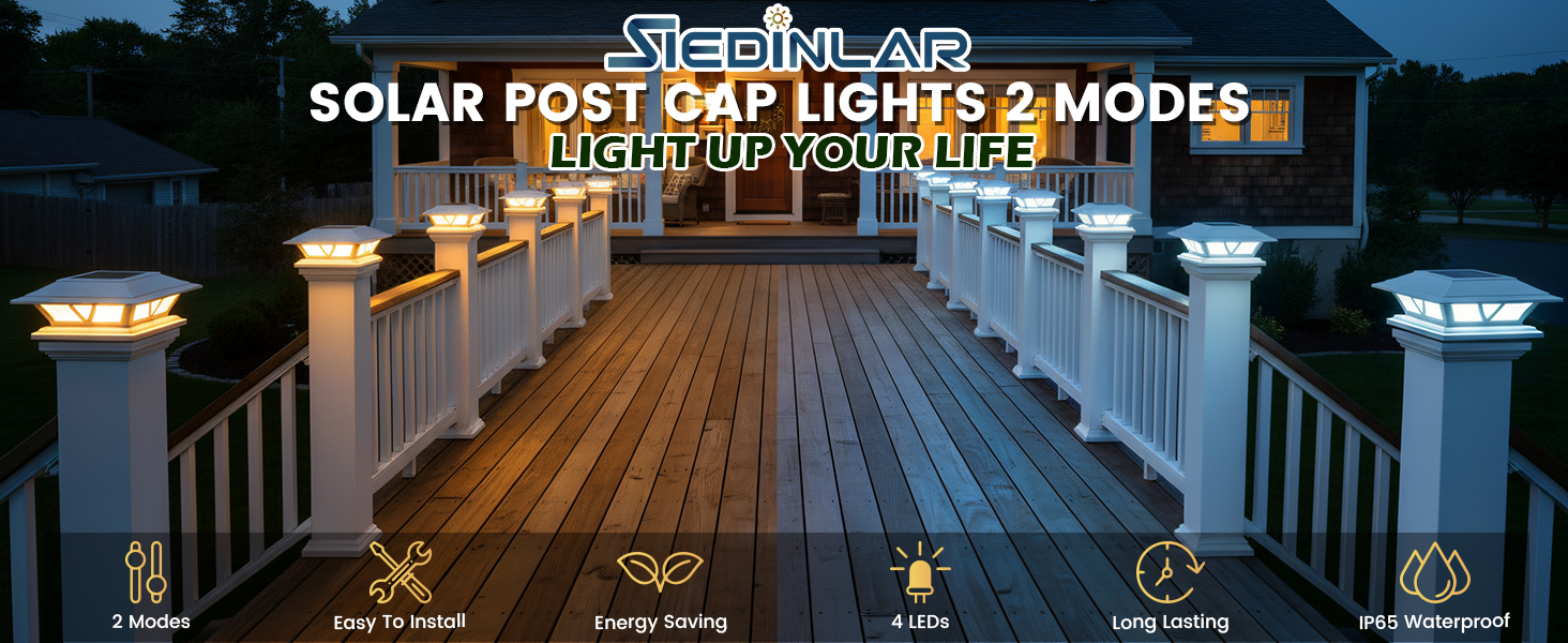 SIEDiNLAR Solar Post Cap Lights 2 Modes for 4x4,5x5,6x6 Wooden/Vinyl Posts