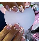 LBPEPAMZ Christmas Press on Nails Short Square Fake Nails with Snowflake 3D Rhinestones Design Gl...