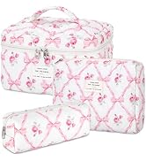 senbowe Floral Makeup Bag, 3 Pack Large Cotton Quilted Makeup Bag Set, Cute Floral Coquette Aesth...