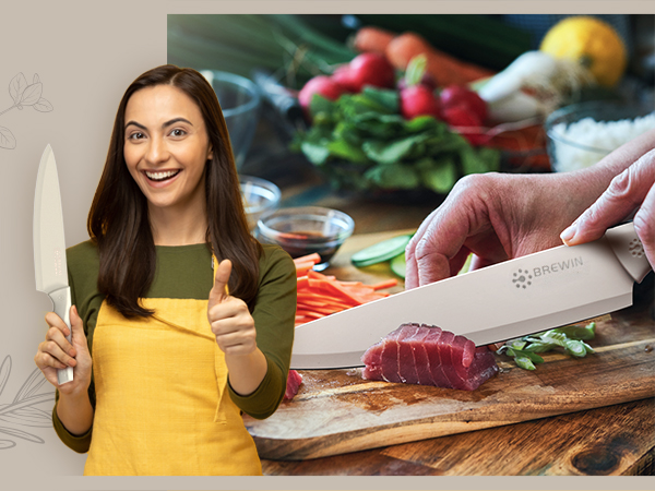 Chef knife slicing tuna and vegetables, shown with smiling user holding knife confidently