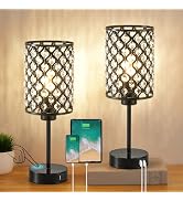 GyroVu Touch Control Table Lamp, Black Crystal Table Lamps Set of 2 with 2 USB Charging Ports, Di...