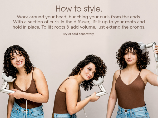 How to style. Work around your head, bunching your curls from the ends. curls diffuser