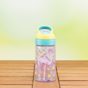 Kids plastic water bottle with flamingo artwork