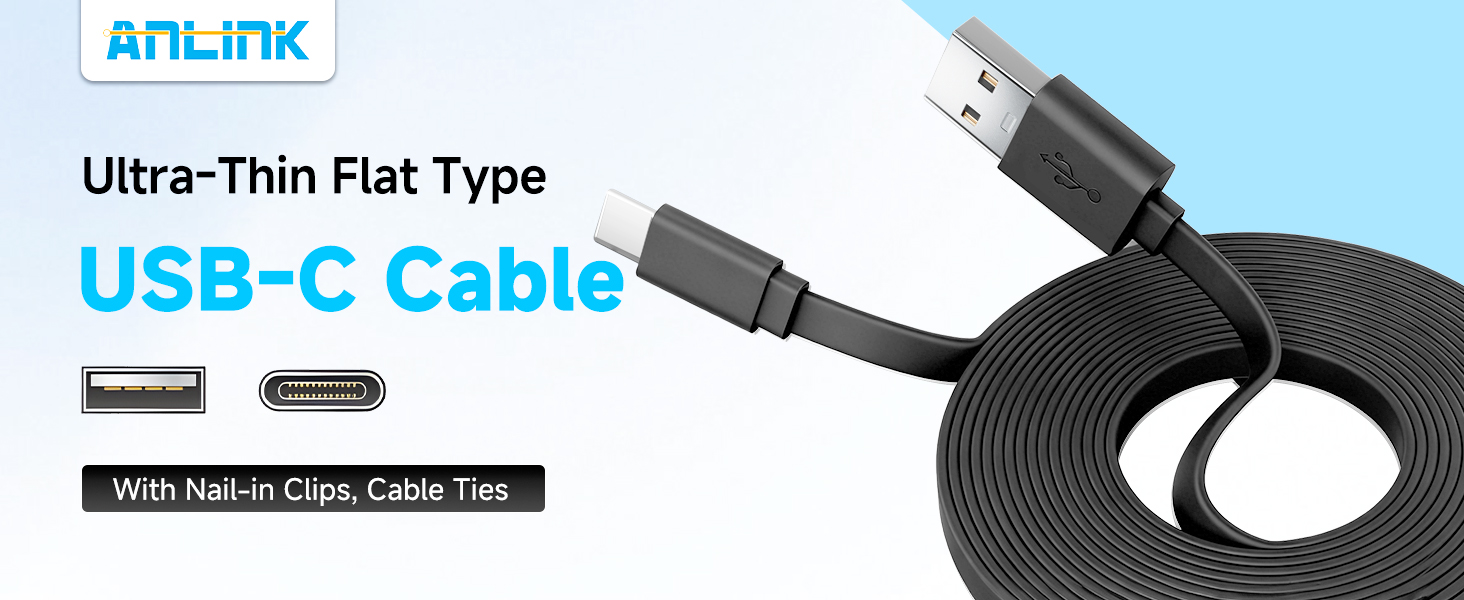 Text reads: 'ANLINK Ultra-Thin Flat Type USB-C Cable With No-Curl, Cable Ties'. Product image shows black flat USB-C cable.