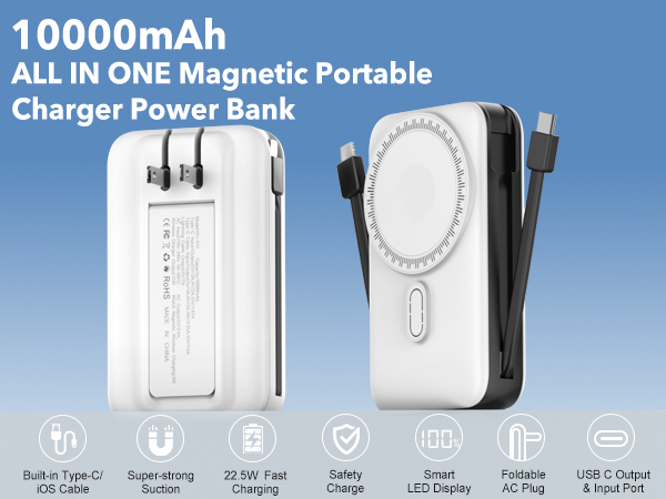 Magnetic Portable Charger Power Bank for iPhone 17/16/15 with Built-in Cables