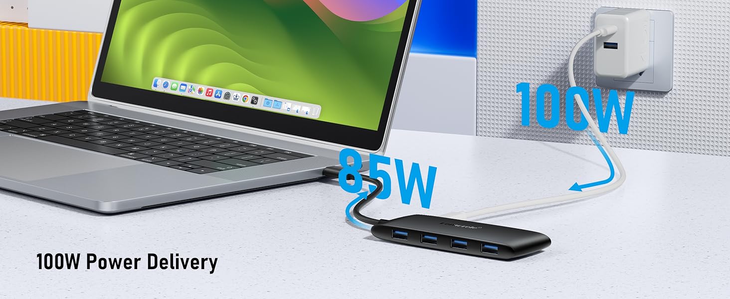 Text reads '100W Power Delivery' with blue '3W' icons. Multiple laptop devices shown with charging indicator graphics.