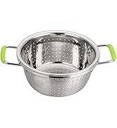 Stainless Steel Deep Colander Micro-perforated 2.5 Quart Metal Food Strainer with Green Silicone ...
