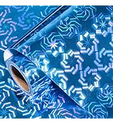 LeZakaa Blue Holographic Wrapping Paper - Mini Roll - Blue Polka Dot/Star Print Iridescent Wrappi...