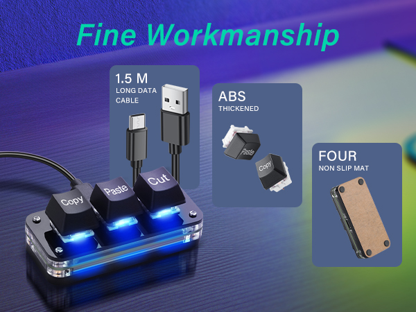 Text reads 'Fine Workmanship', '1.5 M', 'ABS', 'FOUR'. Gaming cable product with blue LED lighting, showing technical specifications and multiple connection ports.