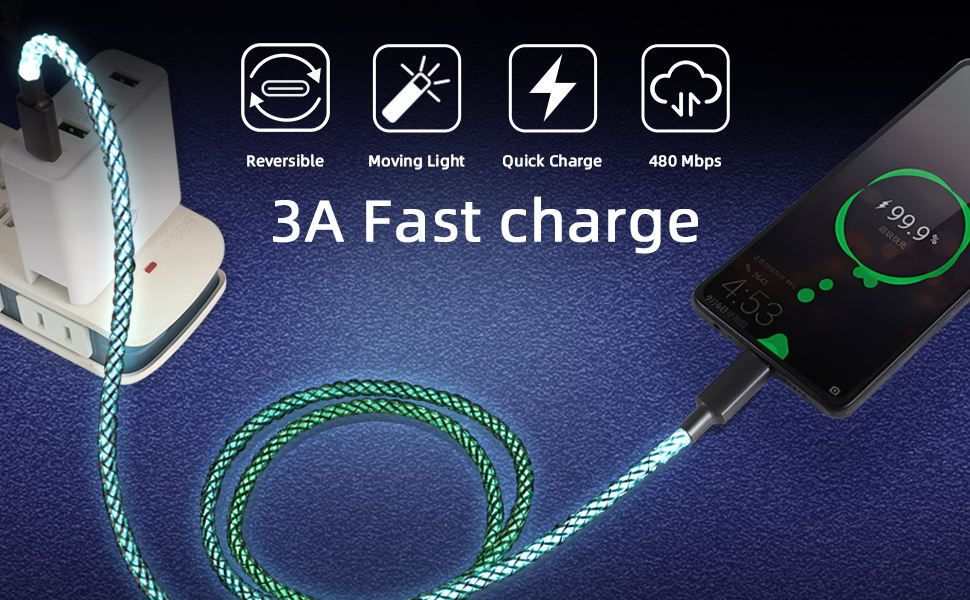 Text reads '3A Fast charge' with icons for Switchable, Moving Light, Quick Charge, and Not Heat. Shows glowing charging cable with blue LED lighting.