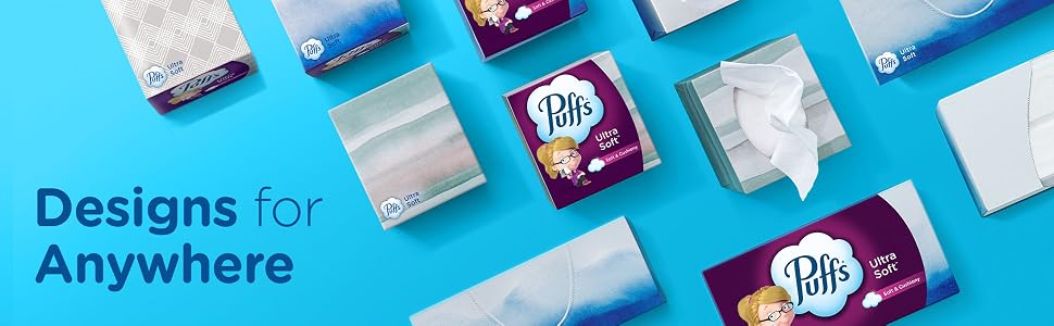 Picture of Puff's Ultra Soft variant boxes. Image reads "Designs for anywhere".