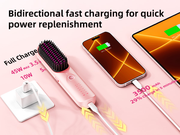 cordless hair straightening brush portable hair straightener women wireless travel gift Pink ionic