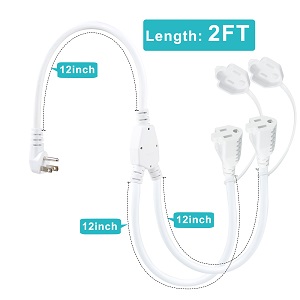 90-Degree Flat Plug 1 to 2 Way Power Splitter Extension Cord