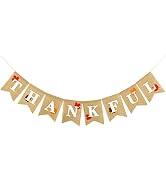 Whaline Thankful Burlap Banner Rustic Thanksgiving Garland Fall Maple Leaves Decorations Thanksgi...