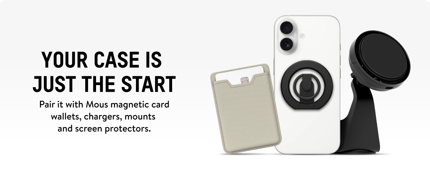 Text reads 'YOUR CASE IS JUST THE START' followed by 'wallets, chargers, mounts and screen protectors.' Product accessories shown in white background panels.