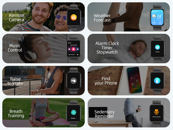 Interface menu grid showing eight app functions including camera, weather, music control, alarm clock, phone finder, and breath training with accompanying icons.