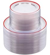 BESTSTAR 200PCS Red and Clear Plastic Plates, Disposable Plate Set with 100 Dinner Plates and 100...