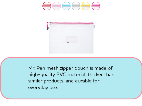 Mesh Zipper Pouch, A4, 6 Pack, Zipper Pouch with Label Pocket, Plastic Mesh Zipper