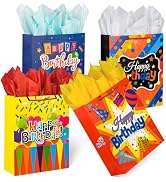 WLUSEAXI 4Pack Birthday Gift Bags for Kids,Large Birthday Gift Bags with Tissue Paper,Colorful Ha...
