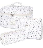 senbowe Floral Cherry Makeup Bag, 3 Pack Large Cotton Quilted Makeup Bag Set, Cute Floral Coquett...