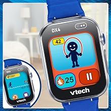 Close ups of DX4 watch show activity screens that encourage children to keep moving.