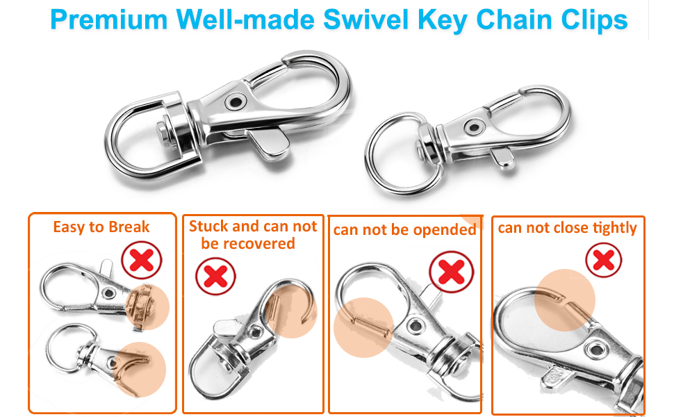 Metal swivel key chain clips shown with features: 'Easy to Break', 'Stuck and can not be recovered', 'can not be opened', and 'can not close tightly'.
