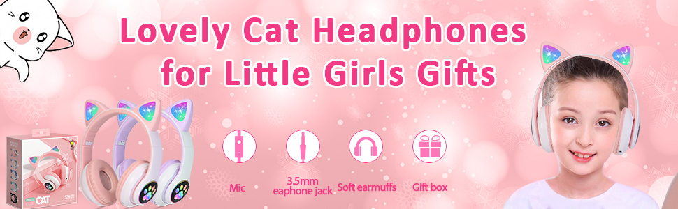 Kids Headphones Cat Ear Wireless Headphones LED Light Up Kids Bluetooth w/Microphone for iPhone/iPad