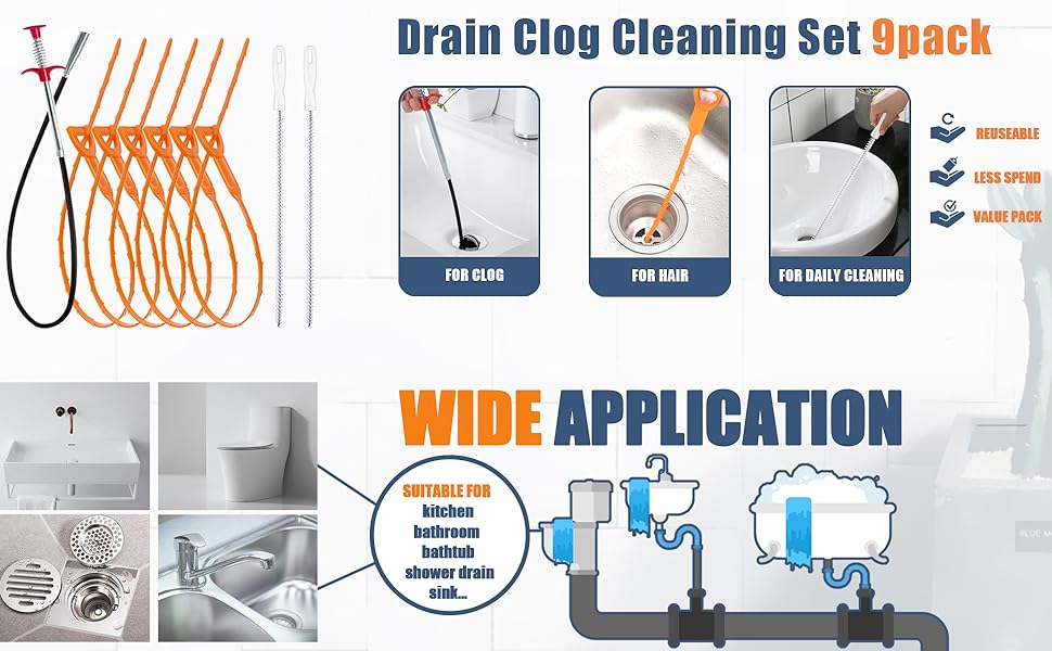 Drain Snake and Drain clog remover for wide application for drain, sink, tub, sewer, hair
