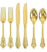 bUCLA HEAVYWEIGHT 300PCS Gold Plastic Silverware Disposable - Extra Heavy Duty Plastic Cutlery - ...