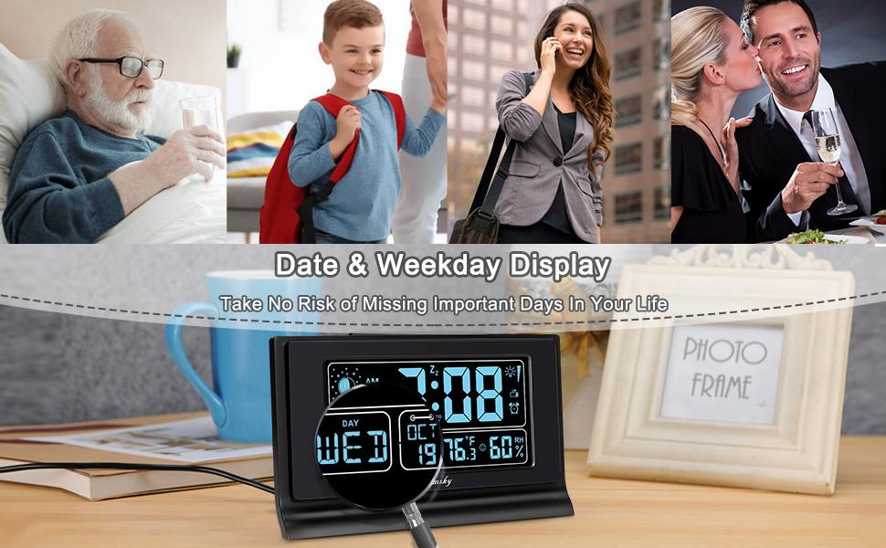 digital alarm clock auto set with date and weekday moon phase
