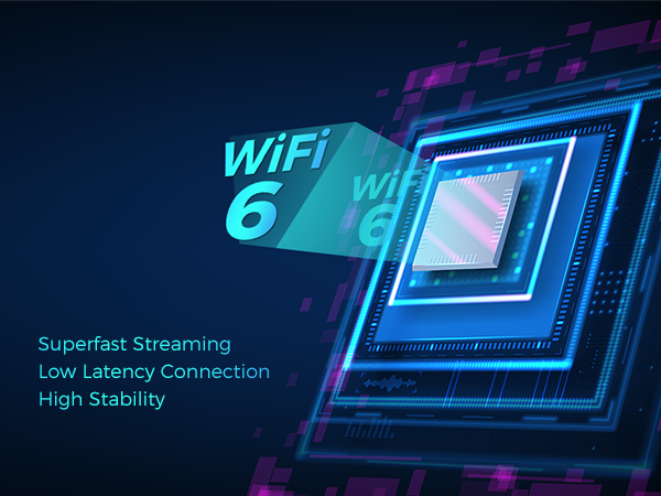 Futuristic blue neon graphic promoting WiFi 6 technology, highlighting features like superfast streaming, low latency connection, and high stability.