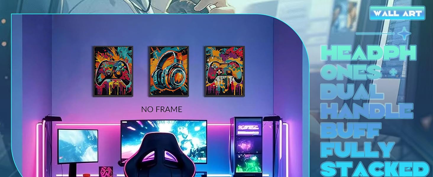 3Pcs Cool Gaming Wall Art Set, Retro Video Game Neon Gamepad Watercolor Canvas Prints for Boys Room
