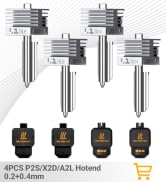 Text reads "4PCS P2S/X2D/A2L Hotend 0.2×0.4mm". Image shows four assorted metal hotend components with varying nozzle sizes and four black heating units displayed below.