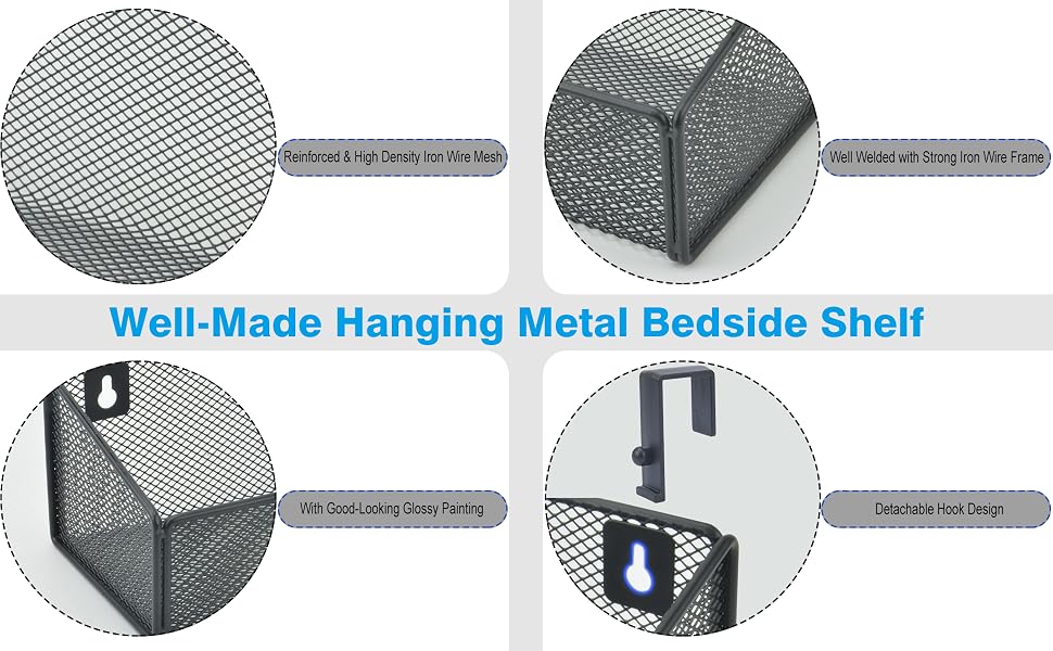 Metal Mesh Hanging Storage Organizer Beside Shelf for Bed Bunk Bed