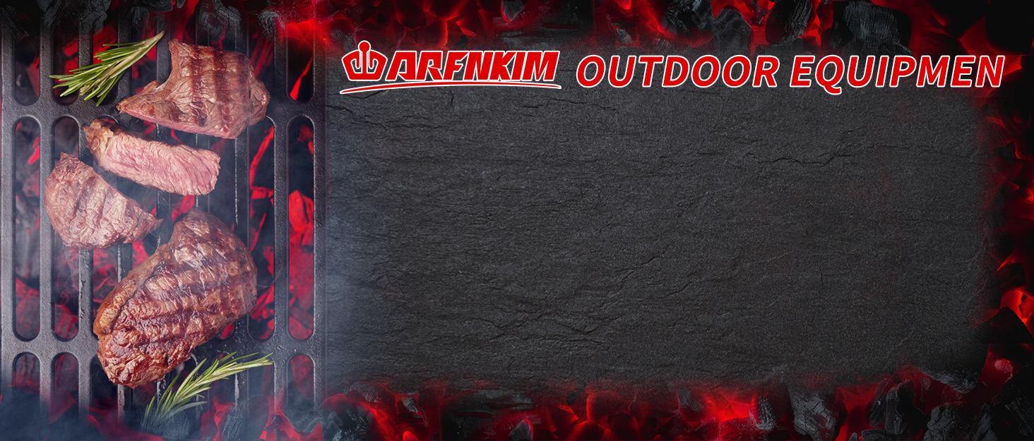 Grilled meat on a barbecue grate with flames. Text 'OUTDOOR EQUIPMEN' visible. Dark background with red accents suggesting heat or fire.