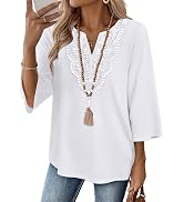 WIHOLL 3/4 Length Sleeve Womens Tops Boho V Neck Lace Shirts Trendy Blouses Dressy Casual Vacatio...
