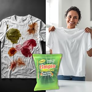A stained shirt and next to it a woman holding clean washed shirt