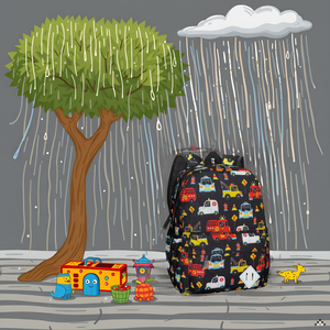 A colorful backpack with a car cartoon print lying on a wooden table surrounded by school supplies l