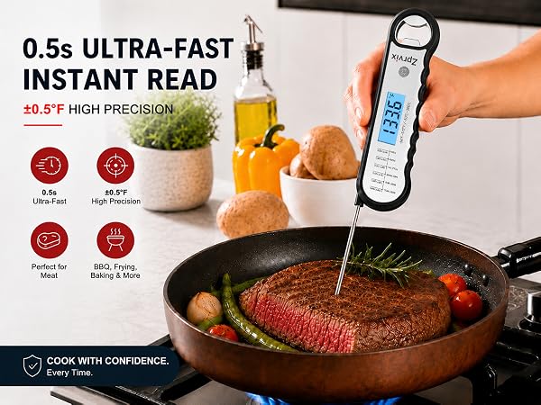 Instant read meat thermometer for BBQ, steak, frying, and kitchen cooking with 0.5s fast reading