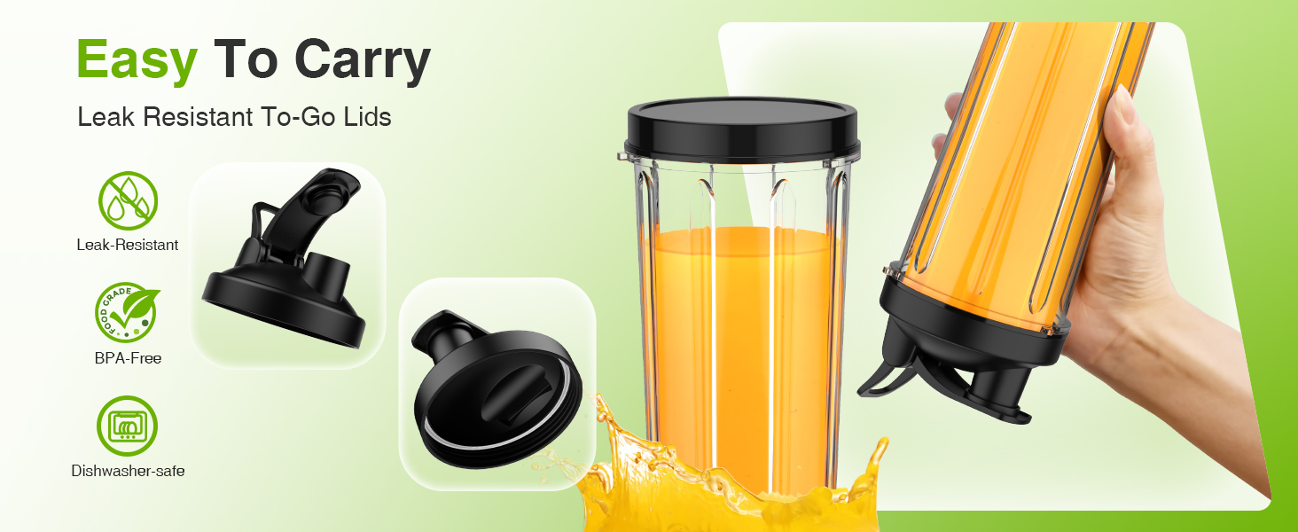 Leak-resistant to-go lids prevent spills in your gym bag, easy to carry your smoothies anywhere