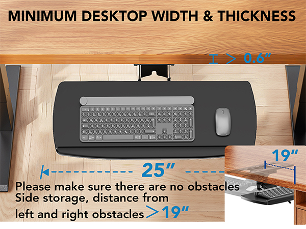 Text reads 'MINIMUM DESKTOP WIDTH & THICKNESS' with multiple images showing 19-inch measurement guidelines for desktop placement with wall-mounted monitor.