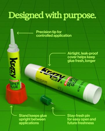 Krazy Glue All Purpose tube features precision tip airtight cover stand and stay fresh pin design