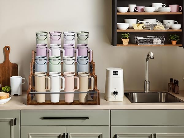 4 tier storage rack for tumblers and mugs, sturdy wood organizer for kitchen pantry space.