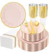 LIYH 350 Pcs Pink Plastic Plates for Party Pink Plastic Dinnerware Set for 50 Guest 100 Disposabl...