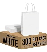METRONIC 300 Pack White Paper Bags 8x4.25x10.5 inch,Medium Kraft Craft Gift Bag Bulk with Handles...