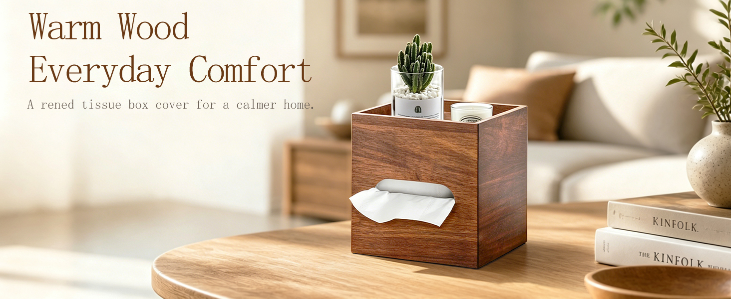 Square Tissue Box Cover, Multi-Functional Wood Tissue Box Holder with Storage Grid