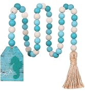 Meplait Wood Bead Garland, Coastal Tassel Garland with Seahorse Tag Beach Farmhouse Decor for Tie...