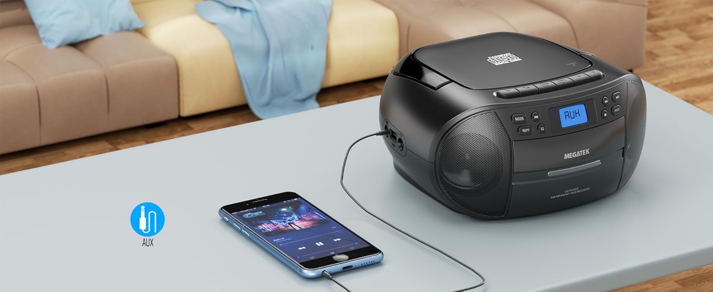 Portable CD Cassette Player Boombox with AUX Input
